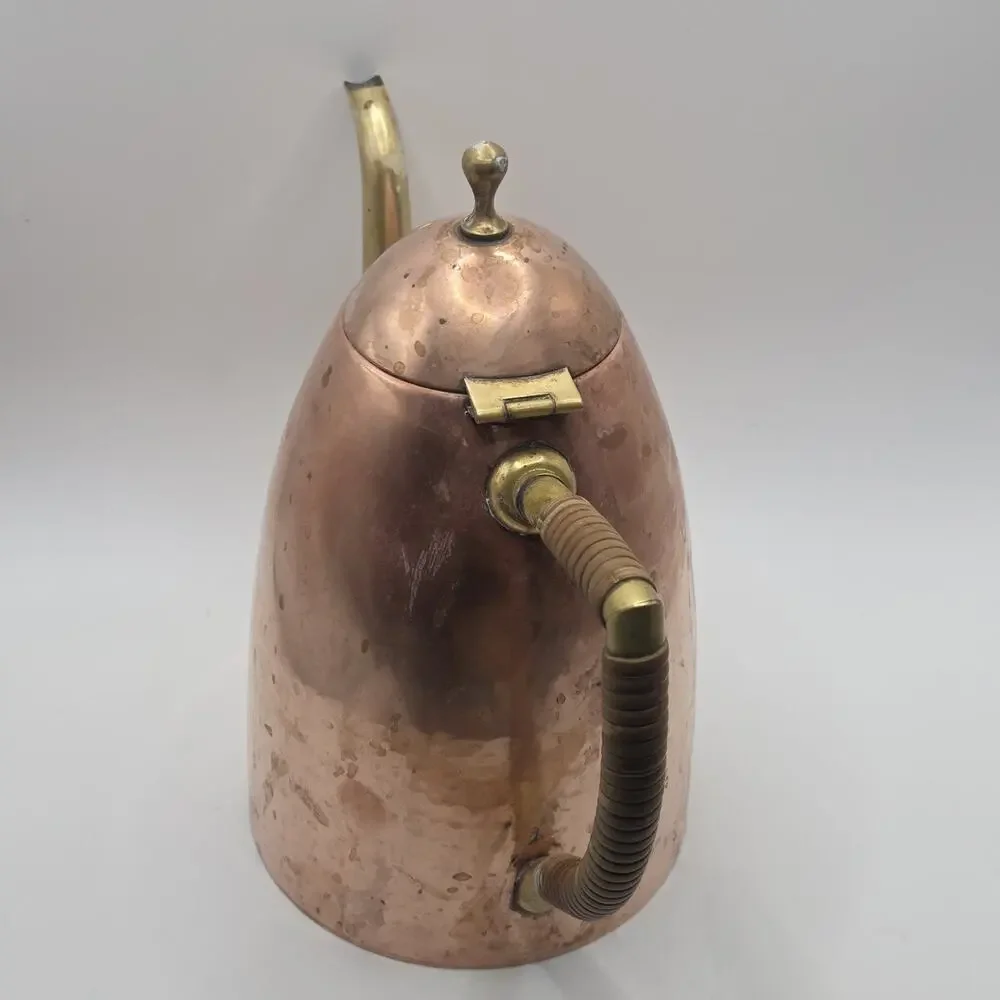 MCM Tea Pot O.H. Lagerstedt Swedish Hammered Copper & Brass 1950s Bamboo Handle